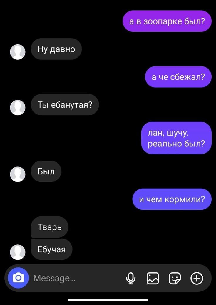 а в зоопарке был? Ну давно а че сбежал? Ты ебанутая? лан, шучу. реально был? Был и чем кормили? Тварь Ебучая