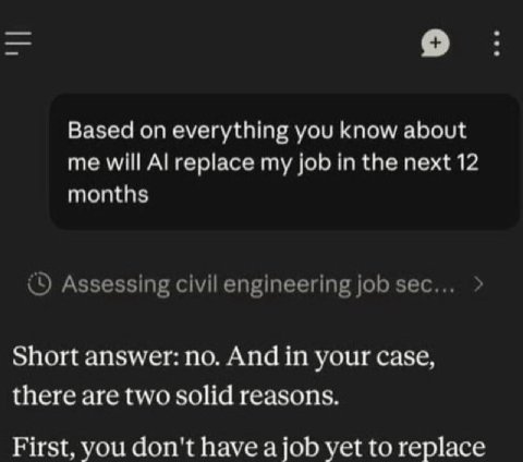 о Based on everything you know about me will replace my job in the next 12 months Assessing civil engineering job sec... Short answer: no. And in your case, there are two solid reasons. First, you don