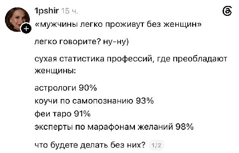15 «мужчины легко проживут без женщин» С легко говорите? ну-ну) сухая статистика профессий, где преобладают женщины: астрологи 90% коучи по самопознанию 93% феи таро 91% эксперты по марафонам желаний 