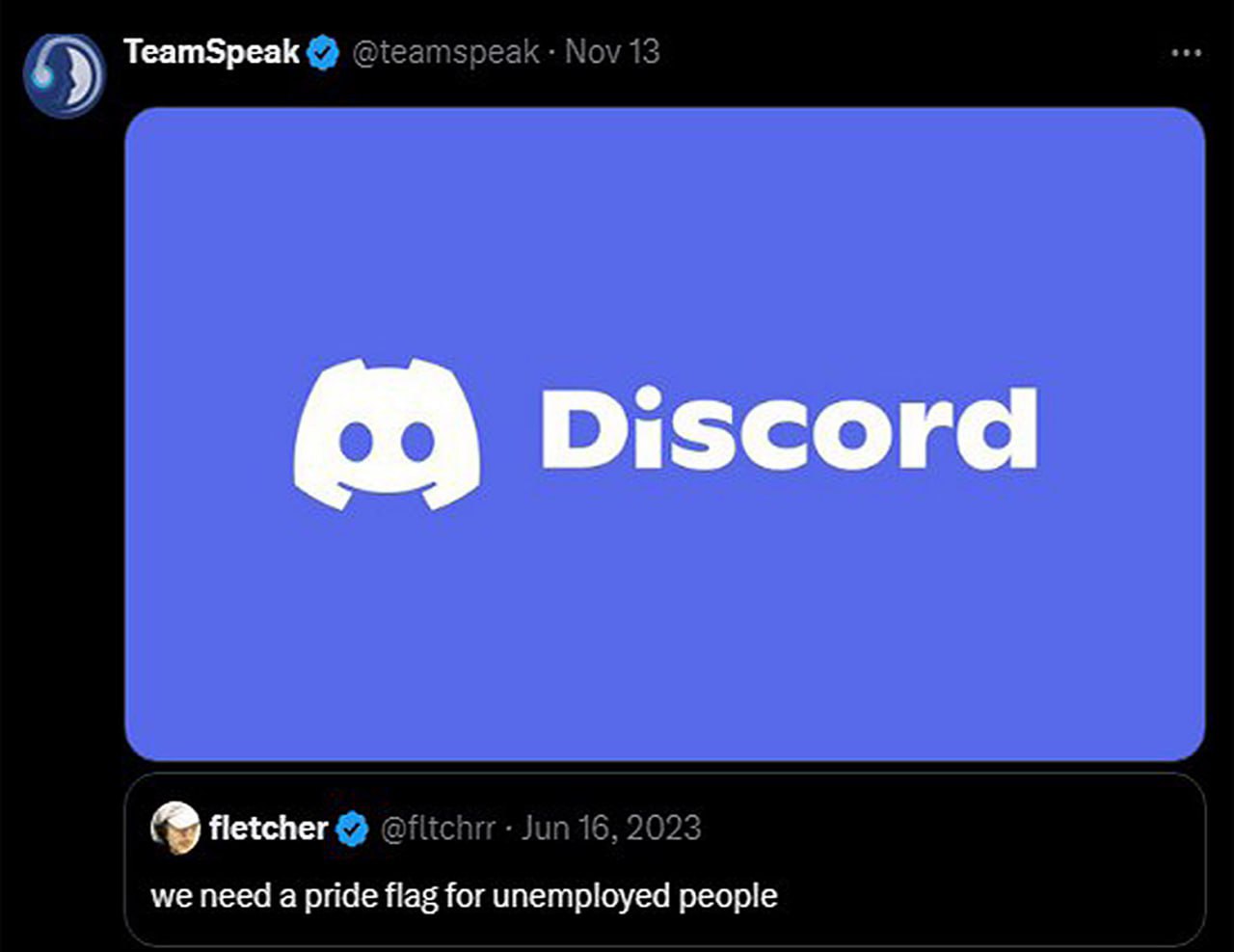 TeamSpeak Discord fletcher we need a pride flag for unemployed people