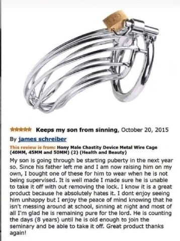 А Keeps son from sinning, October 20, 2015 james schreiber This review is from: Device Metal Wire Cage and (2) (Health and Beauty My son Is going through be starting puberty in the next year so, Since