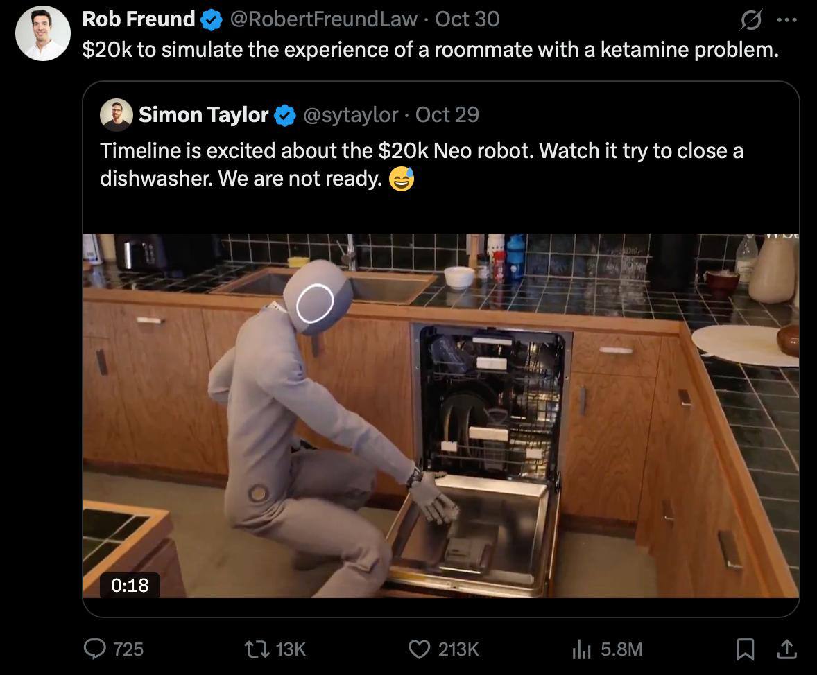 Rob Freund 9 to simulate the experience of a roommate with a ketamine problem. Simon Taylor Timeline is excited about the Neo robot. Watch it try to close a dishwasher. We are not ready. `О 0:18