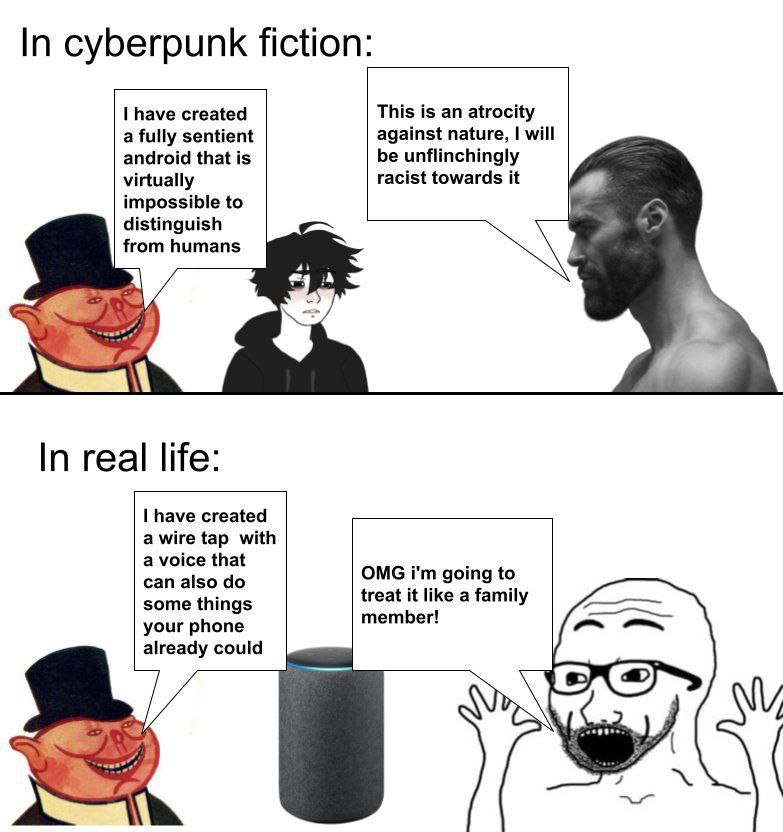 In cyberpunk fiction: I have created This is an atrocity a fully sentient against nature, will android that is be unflinchingly racist towards it virtually impossible to distinguish from humans In rea