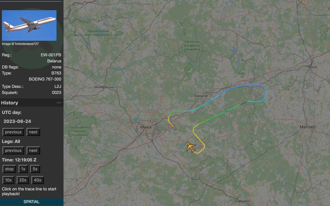 We 8 порк image forbidsneeze727 4 Reg.: EW-001PB Belarus flags: попе Туре: В763 BOEING 767-300 Type Desc.: Маладзечна 4 Squawk: 0023 History UTC day: 2023-06-24 previous next Legs: All previous next T