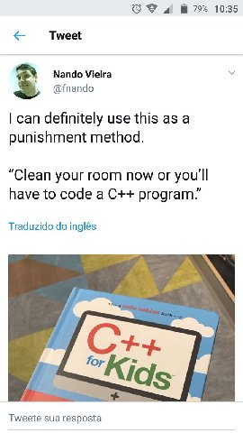 О 4 10:35 Tweet Nando Vieira @fnando can definitely use this as a punishment method. “Clean your room now or you'll have to code a program.” Traduzido inglés Tweete sua resposta