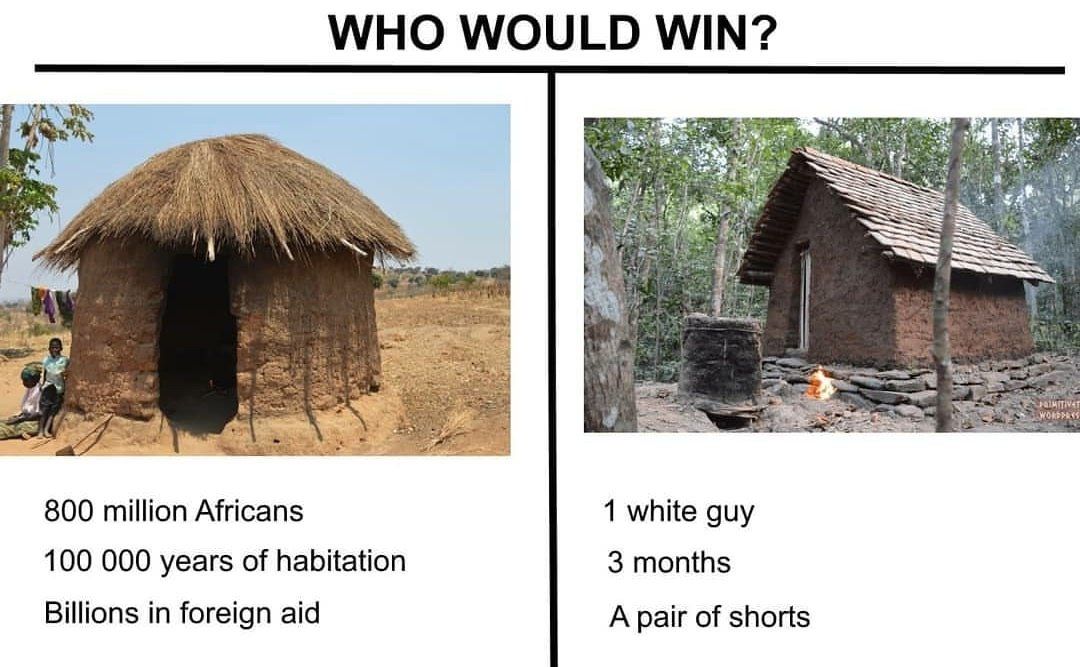 WHO WOULD WIN? 800 million Africans 1 white guy 100 000 years of habitation 3 months Billions in foreign aid A pair of shorts