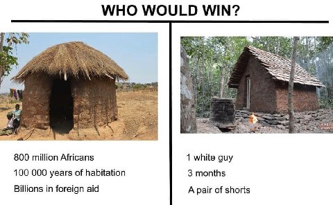 WHO WOULD WIN? 800 million Africans 1 white guy 100 000 years of habitation 3 months Billions in foreign aid A pair of shorts