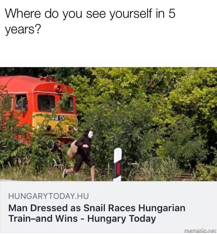 Where you see yourself in 5 years? 81 К HUNGARY TODAY.HU Man Dressed as Snail Races Hungarian Тгат-апа Wins Hungary Today