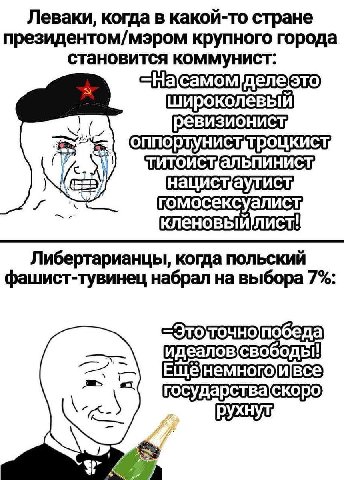 Леваки, когда в какой-то стране президентом/мэром крупного города становится коммунист. широколевый К гомосексуалист, Либертарианцы, когда польский фашист-тувинец набрал на выбора 7% A