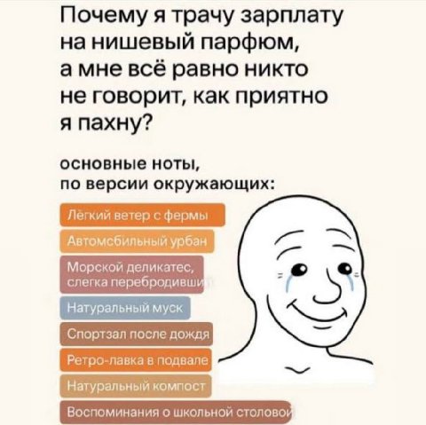 Почему я трачу зарплату нишевый парфюм, амне всё равно никто не говорит, как приятно я пахну? основные ноты, по версии окружающих: