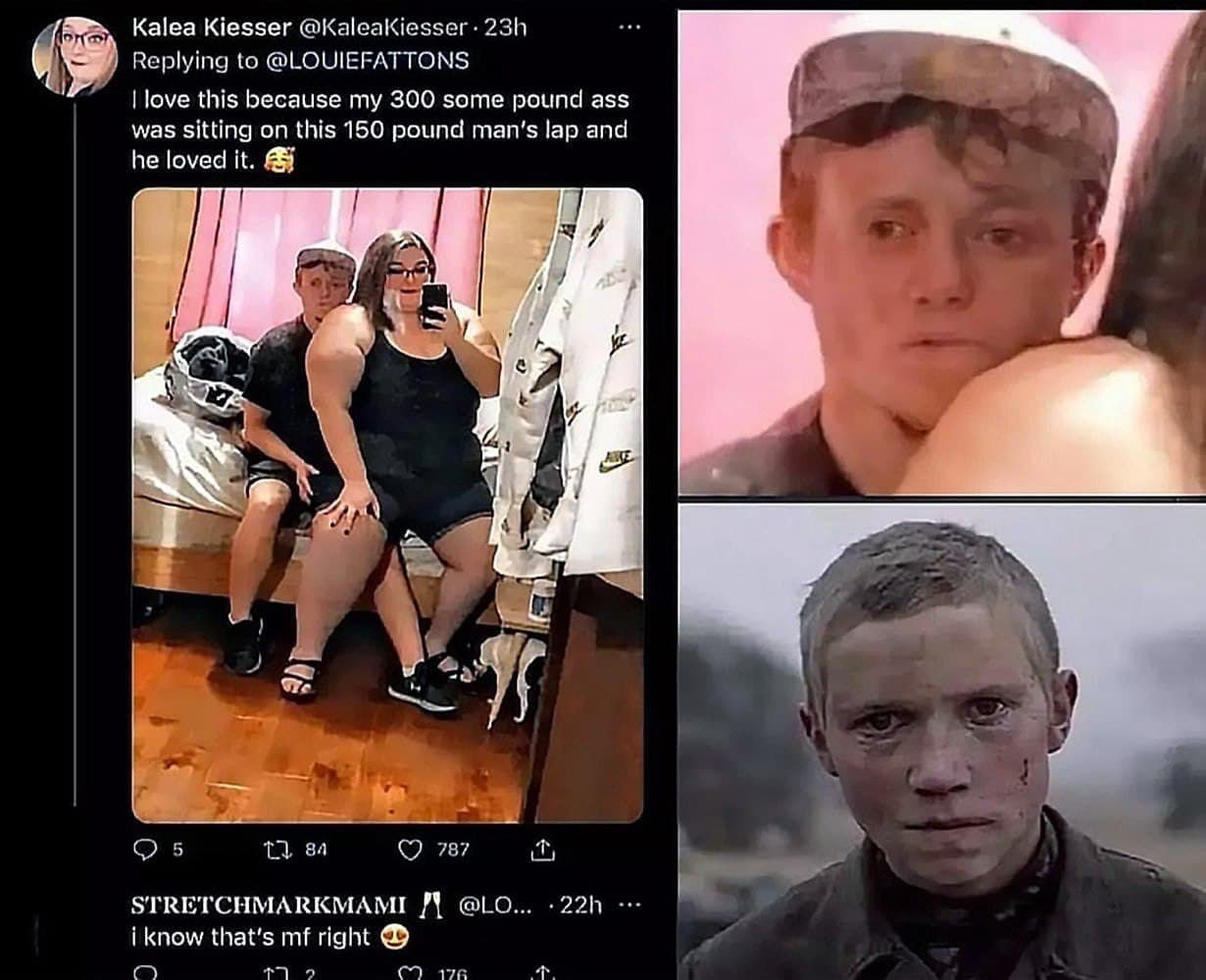 Kalea Kiesser @Ка!еаКеззег. Replying to @LOUIEFATTONS if love this because my 300 some pound ass was sitting on this 150 pound man's lap and а he loved it. 787 STRETCHMARKMAMI iknow that's right 2 С