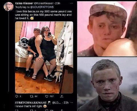 Kalea Kiesser @Ка!еаКеззег. Replying to @LOUIEFATTONS if love this because my 300 some pound ass was sitting on this 150 pound man's lap and а he loved it. 787 STRETCHMARKMAMI iknow that's right 2 С