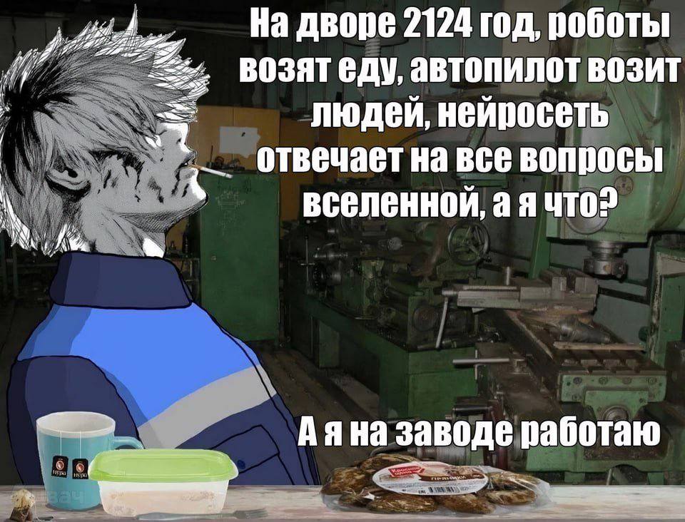 дворе 2124 год, роботы возятеду, автопилот возит людей, нейросеть отвечает BCe вопросы вселенной, а я что? заводе работаю