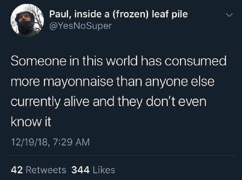 Paul, inside a (frozen) leaf pile С @YesNoSuper Someone in this world has consumed more mayonnaise than anyone else currently alive and they don't even know it 12/19/18, 7:29 42 Retweets 344 Likes
