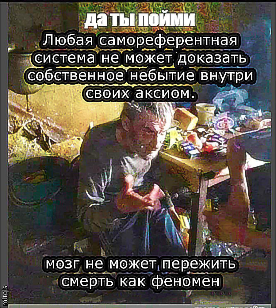 даты Любая самореферентная ‹система` He может, ‘доказать ‘собственное небытие внутри своих. ‘аксиом. i! А мозг не может пережить” смерть как феномен