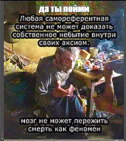 даты Любая самореферентная ‹система` He может, ‘доказать ‘собственное небытие внутри своих. ‘аксиом. i! А мозг не может пережить” смерть как феномен