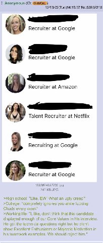 Anonymous 12/13/22(Tue)14:15:57 No.52853216 Recruiter at Google Recruiter at Google Recruiter at Amazon ЗА» Recruiter at Netflix 3 Recruiting at Google Recruiter at Google 240 JPG >High school: "Like,