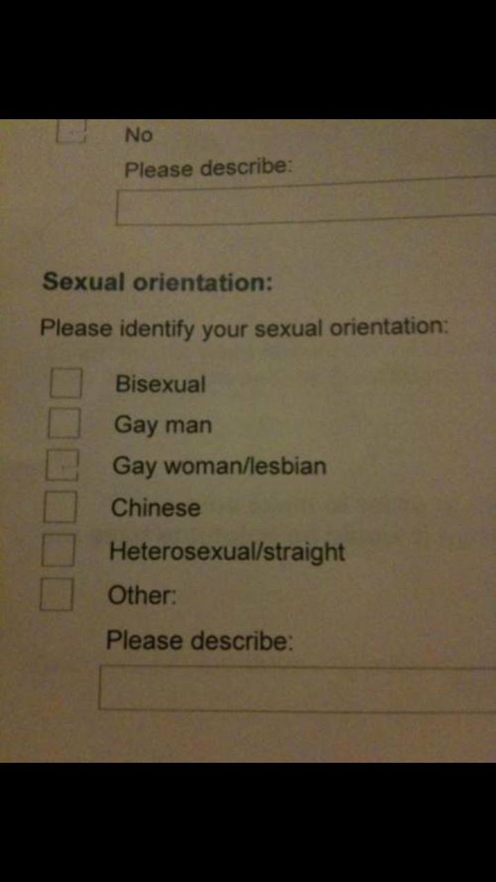 Please Sexual orientation: Please identify your sexual orientation Bisexual Gay man Gay woman/lesbian Chinese Heterosexual/straight Other Please describe: