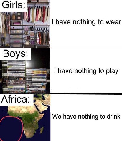 GirlS: have nothing to wear wes Boys have nothing to play Africa We have nothing to drink