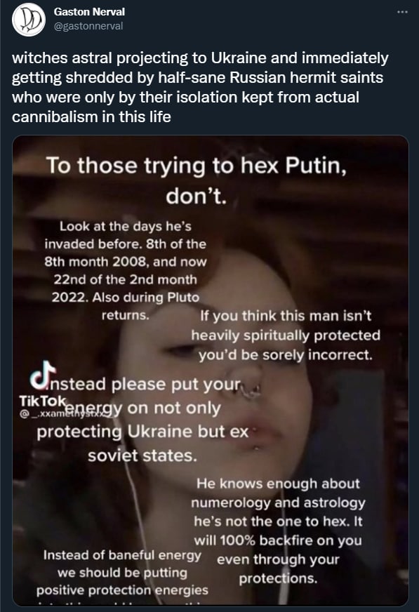 Gaston Nerval witches astral projecting to Ukraine and immediately getting shredded half-sane Russian hermit saints who were only their isolation kept from actual cannibalism in this life To those try