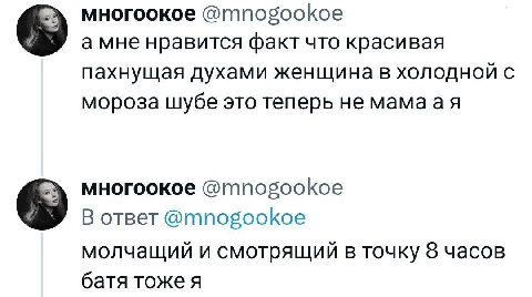 многоокое @mnogookoe амне нравится факт что красивая пахнущая духами женщина в холодной с мороза шубе это теперь не мамаая многоокое В ответ молчащий и смотрящий в точку 8 часов батя тоже я