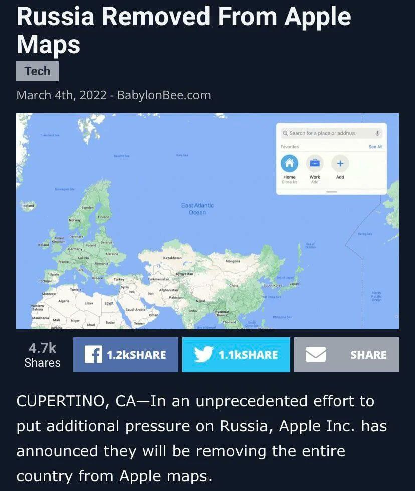 Russia Removed From Apple Maps Search for a place or address See Atl О Home Work SHARE Shares CUPERTINO, CA—In an unprecedented effort to put additional pressure on Russia, Apple Inc. has announced th