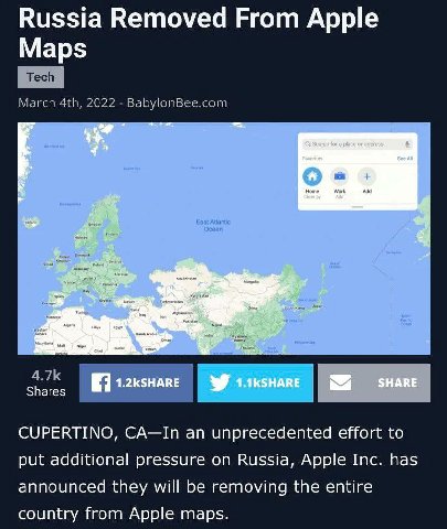 Russia Removed From Apple Maps Search for a place or address See Atl О Home Work SHARE Shares CUPERTINO, CA—In an unprecedented effort to put additional pressure on Russia, Apple Inc. has announced th