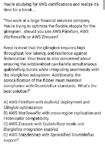 You're studying for AWS certifications and realize it's time for a break... "You work at a large financial services company. You're trying to optimize the flooble stopple for the glimglom...should you