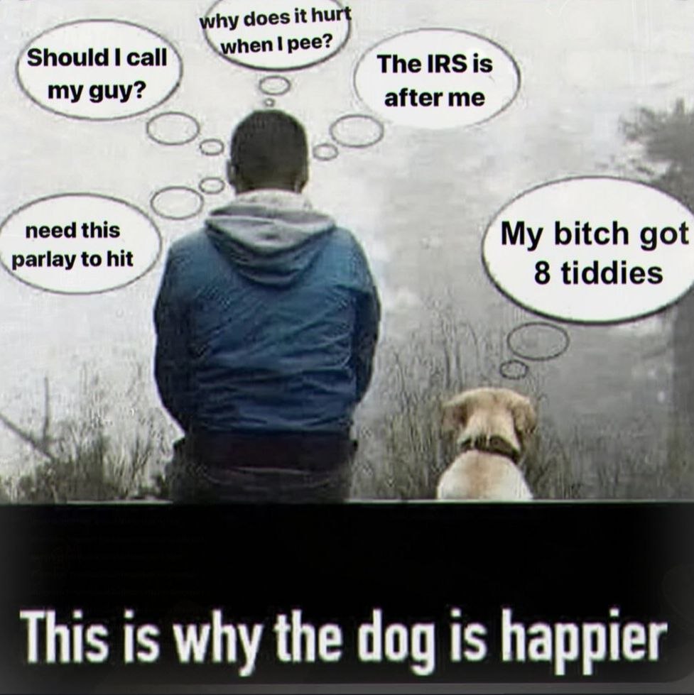why does it Should I call pee? The guy? after me need My bitch got parlay to hit 8 tiddies This is why the dog is happier