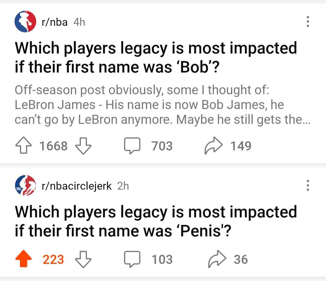 r/nba Which players legacy is most impacted if their first name was ‘Bob’? Off-season post obviously, some thought of: LeBron James His name is now Bob James, he can't LeBron anymore. Maybe he still g