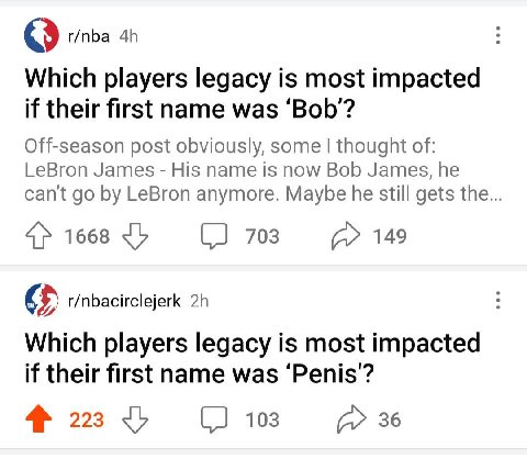 r/nba Which players legacy is most impacted if their first name was ‘Bob’? Off-season post obviously, some thought of: LeBron James His name is now Bob James, he can't LeBron anymore. Maybe he still g