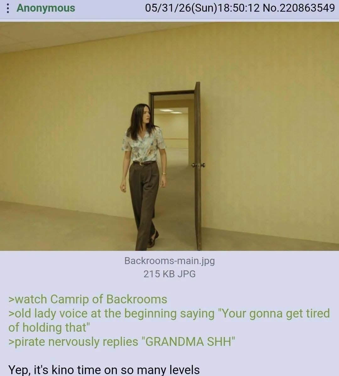 Anonymous 05/31/26(Sun)18:50:12 No.220863549 Backrooms-main.jpg 215 JPG >watch Camrip of Backrooms >old lady voice at the beginning saying "Your gonna get tired of holding that" >pirate nervously repl