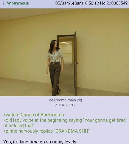 Anonymous 05/31/26(Sun)18:50:12 No.220863549 Backrooms-main.jpg 215 JPG >watch Camrip of Backrooms >old lady voice at the beginning saying "Your gonna get tired of holding that" >pirate nervously repl