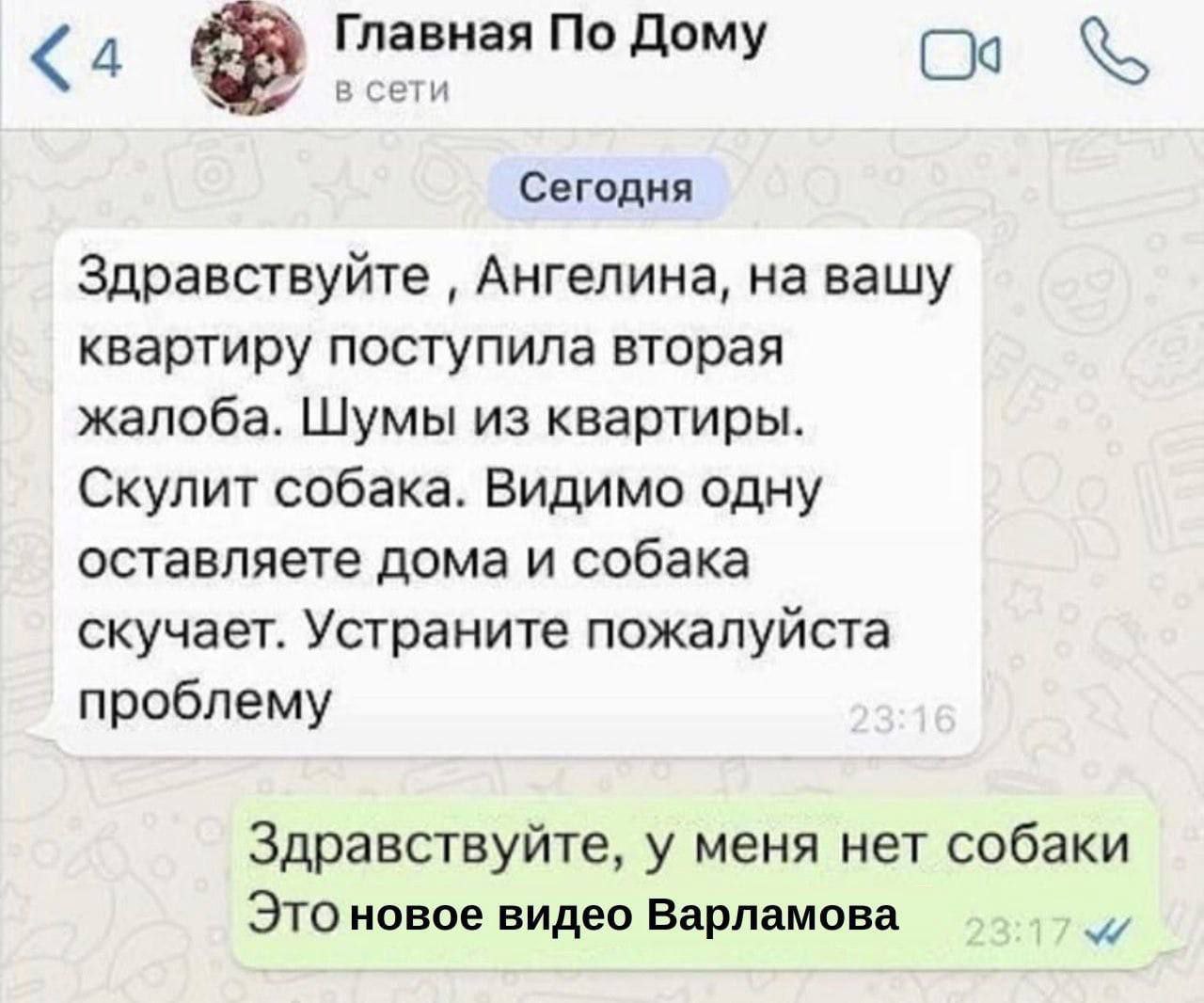 Главная По Дому <4 в сети Сегодня Здравствуйте Ангелина, на вашу квартиру поступила вторая жалоба. Шумы из квартиры. Скулит собака. Видимо одну оставляете дома и собака скучает. Устраните пожалуйста п