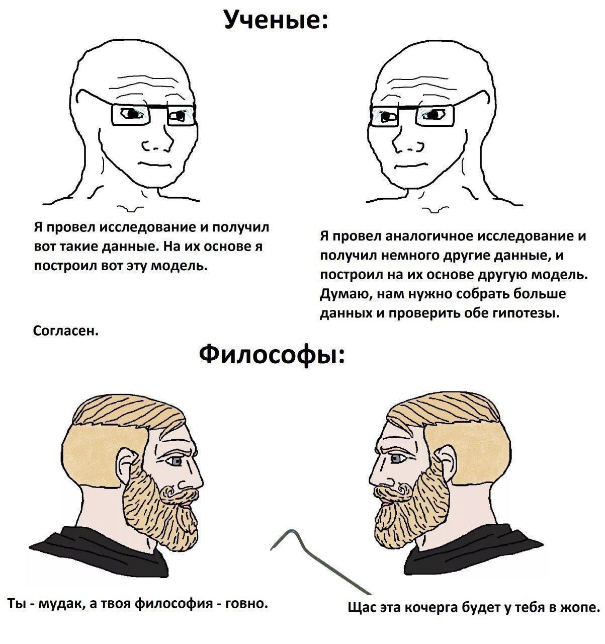 Ученые: -2 Я провел исследование и получил вот такие данные. На основе я Я провел аналогичное исследование и получил немного другие данные, и построил вот эту модель. построил на основе другую модель 