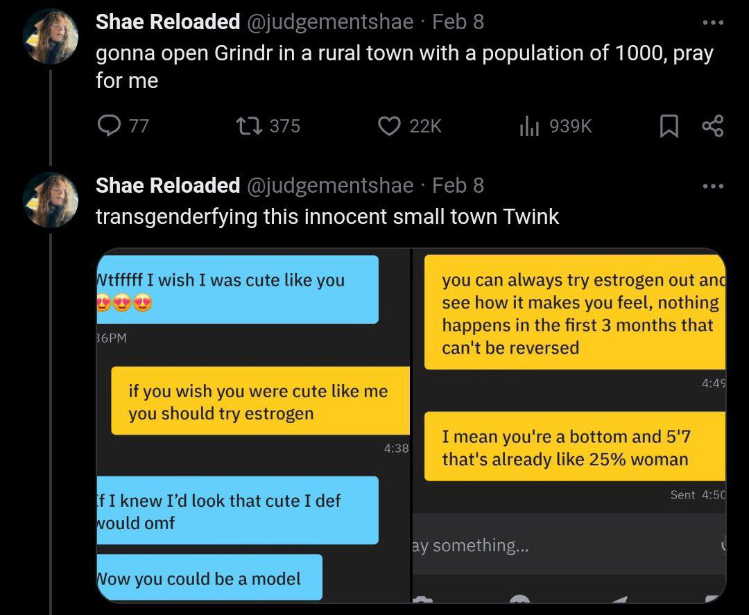 4 4 Shae Reloaded @judgementshae Feb 8 gonna open Grindr а rural town with a population of 1000, pray for me 375 Ни 4 Shae Reloaded @judgementshae Feb 8 transgenderfying this innocent small town Twink