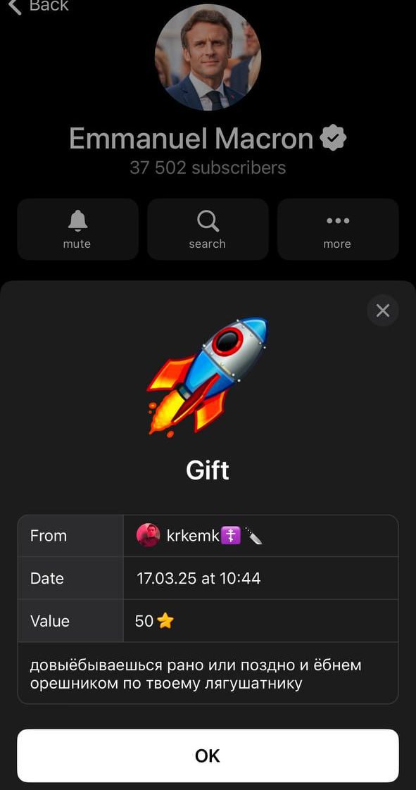 back Emmanuel Macron a eee mute search more Gift From Date 17.03.25 at 10:44 Value 50% довыёбываешься рано или поздно и ёбнем орешником по твоему лягушатнику