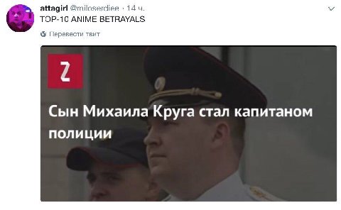attagirl @miloserdiee 14 ТОР-10 ANIME BETRAYALS Перевести твит Сын Михаила Круга стал капитаном полиции