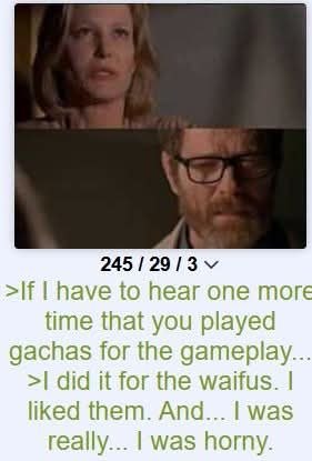 245 >If have to hear one more time that you played gachas for the gameplay... did К for the waifus. liked them. And... was really... was horny.