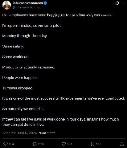 inhuman resources @inhumandept Our employees have been begging to try a four-day workweek. open-minded, so we ran a pilot. Monday through Thursday. Same salary. Same workload. Productivity actually in
