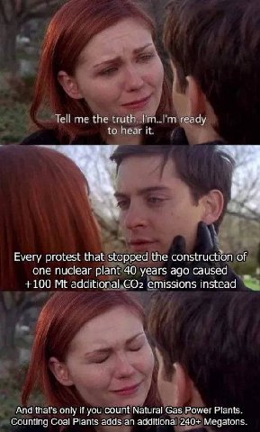 Tell me the truth. ready to hear И Every protest that stopped the construction of one nuclear plant 40 years ago +100 additional COz emissions instead And that's only if you count Natural Gas Power Pl
