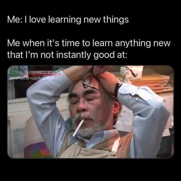 love learning new things Me when it's time to learn anything new that not instantly good at: