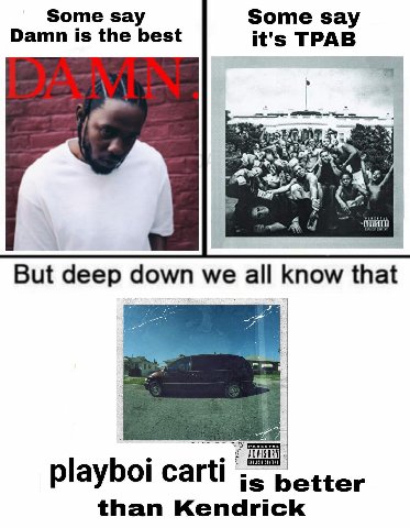 Some say Some say Damn is the best it's TPAB Sus But deep down we all know that playboi саги is better than Kendrick