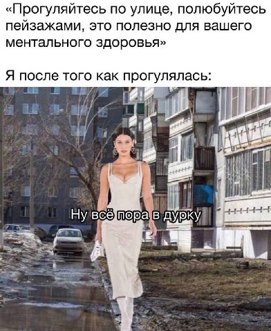 «Прогуляйтесь по улице, полюбуйтесь пейзажами, это полезно для вашего ментального здоровья» Я после того как прогулялась: i i