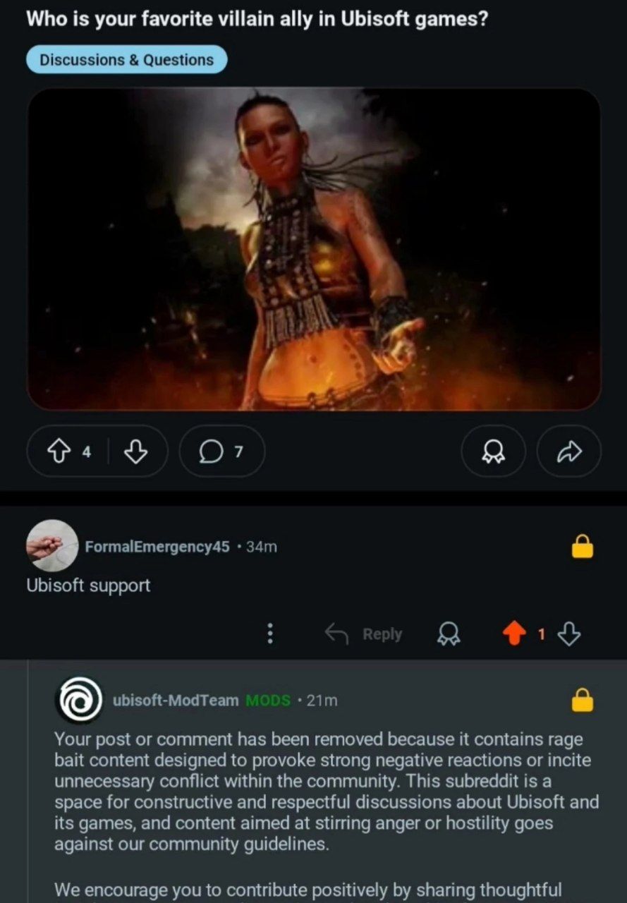 Who is your favorite villain ally Ubisoft games? я A FormalEmergency45 Ubisoft support ubisoft-ModTeam Your post or comment has been removed because it contains rage bait content designed to provoke s