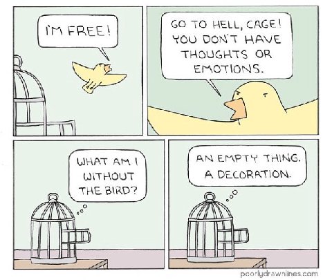 TO HELL, CAGE! YOU DONT HAVE THOUGHTS OR EMOTIONS. К WHAT AN EMPTY THING. A DECORATION. THE BIRD? а