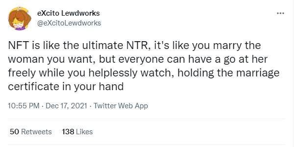 eXcito Lewdworks @eXcitoLewdworks NFT is like the ultimate NTR, it's like you marry the woman you want, but everyone can have a at her freely while you helplessly watch, holding the marriage certifica