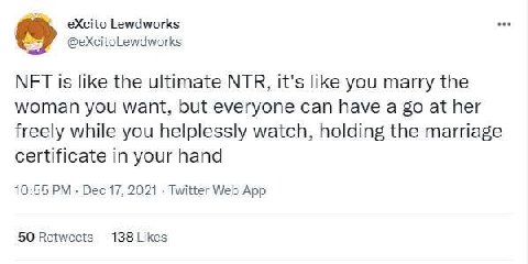 eXcito Lewdworks @eXcitoLewdworks NFT is like the ultimate NTR, it's like you marry the woman you want, but everyone can have a at her freely while you helplessly watch, holding the marriage certifica