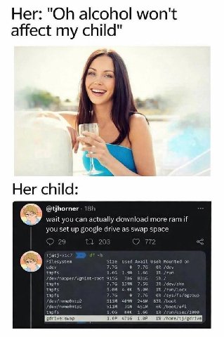 Her: alcohol won't affect my child" Her child: @tjhorner wait you can actually download more ram if you set up google drive as swap space С 2 0 5 tjatj-x1ic7 Filesystem Size Used Avail Use% Mounted on