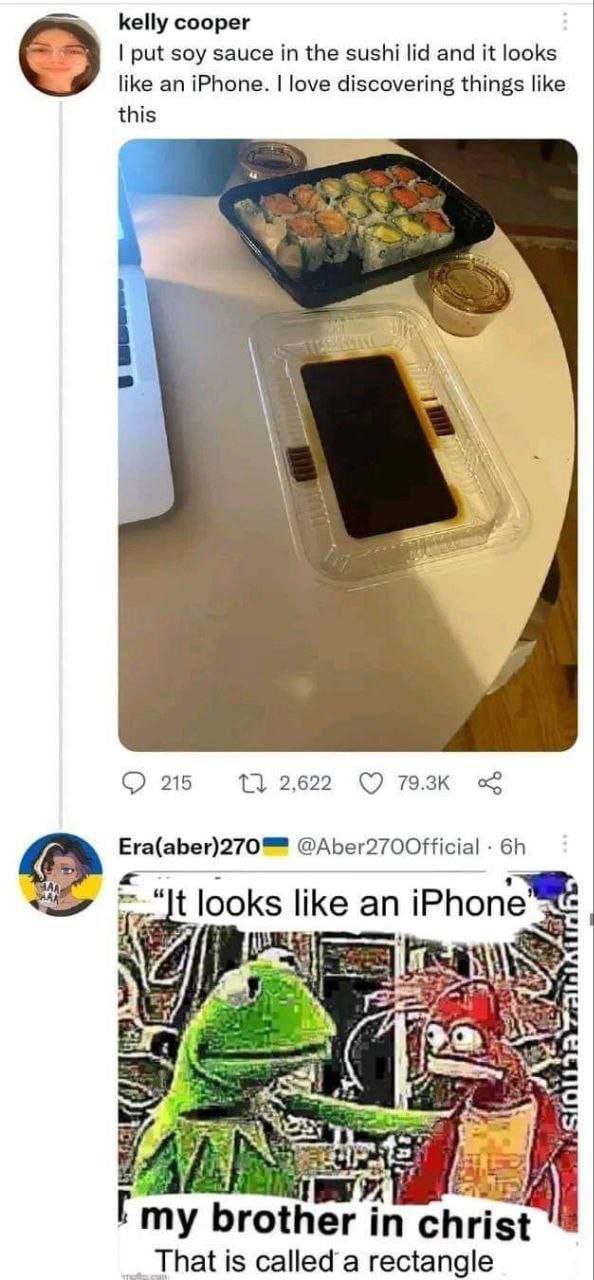 kelly cooper put soy sauce in the sushi lid and it looks like an iPhone. love discovering things like this 215 2,622 (7 @Aber2700fficial looks like an iPhone у in That is called а rectangle
